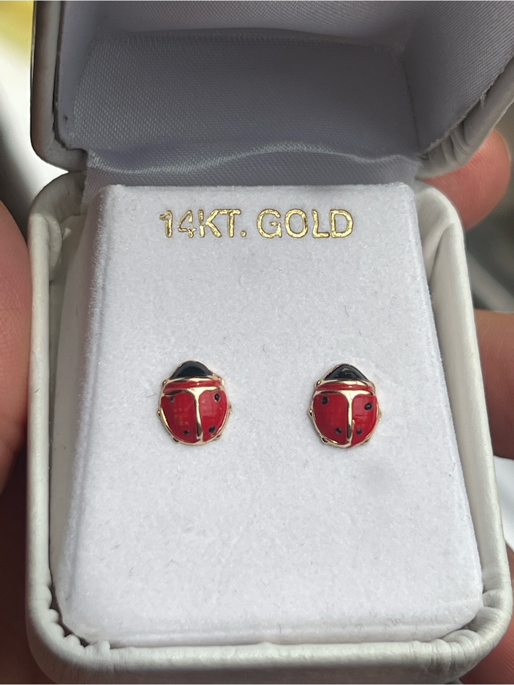 Ladybug 14k gold  Stud Earrings - Red and Black Enamel - Picture 3 of 5